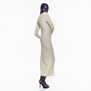 NWOT Zara warm cream ecru straight fit pleated long dress, S